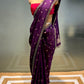 PURPLE COLOUR CREPE JACQUARD EMBROIDERED SAREE WITH CONTRAST BLOUSE EMBELLISHED WITH MIRROR WORK