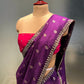 PURPLE COLOUR CREPE JACQUARD EMBROIDERED SAREE WITH CONTRAST BLOUSE EMBELLISHED WITH MIRROR WORK