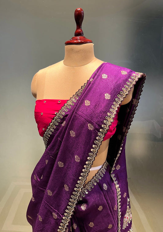 PURPLE COLOUR CREPE JACQUARD EMBROIDERED SAREE WITH CONTRAST BLOUSE EMBELLISHED WITH MIRROR WORK