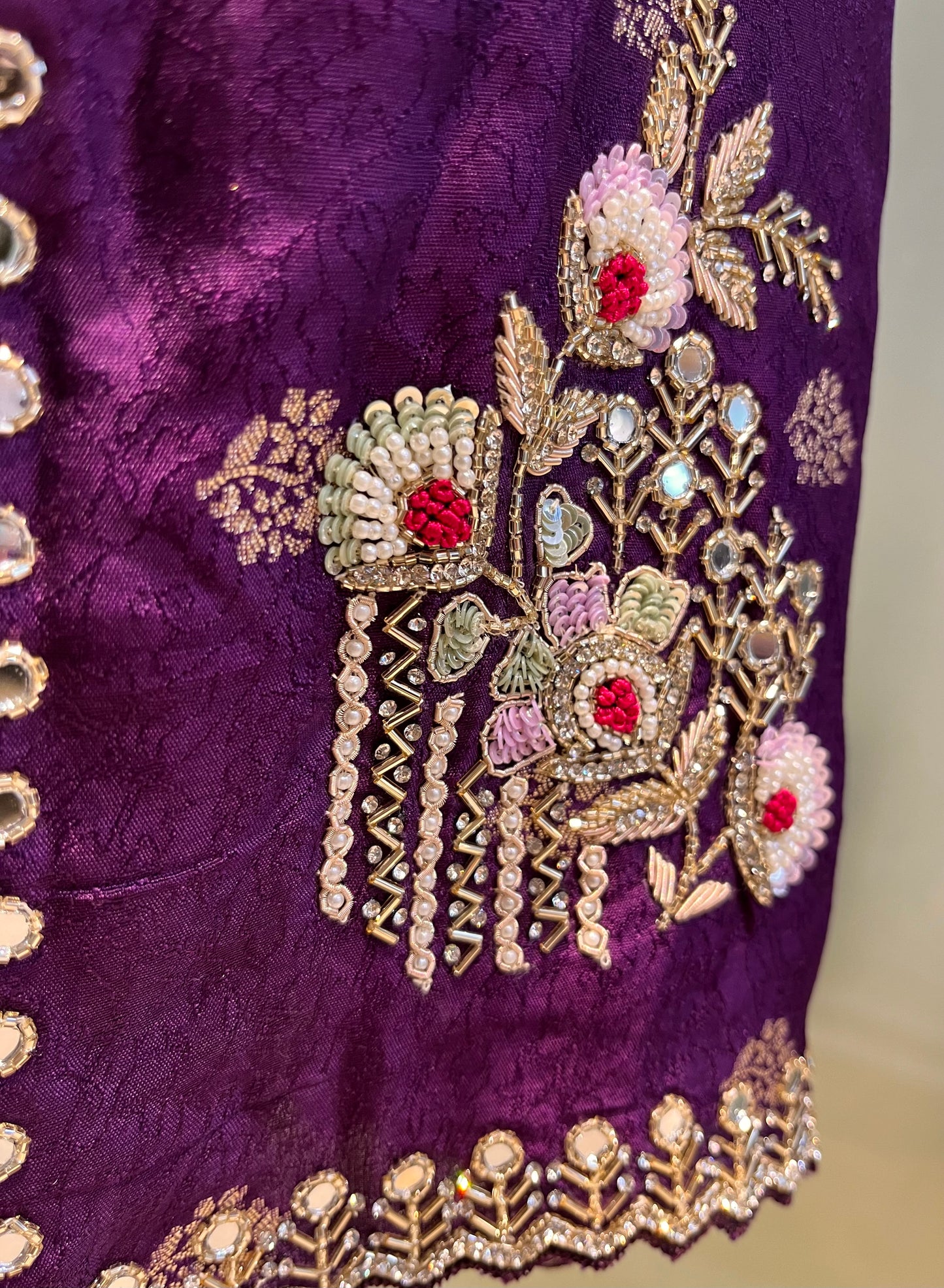 PURPLE COLOUR CREPE JACQUARD EMBROIDERED SAREE WITH CONTRAST BLOUSE EMBELLISHED WITH MIRROR WORK