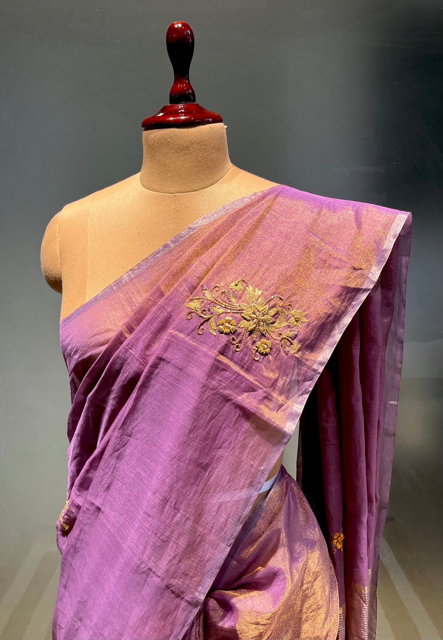PURPLE COLOUR HAND EMBROIDERED TISSUE SAREE EMBELLISHED WITH ZARDOZI WORK