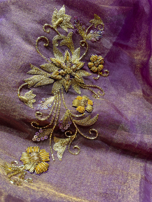 PURPLE COLOUR HAND EMBROIDERED TISSUE SAREE EMBELLISHED WITH ZARDOZI WORK