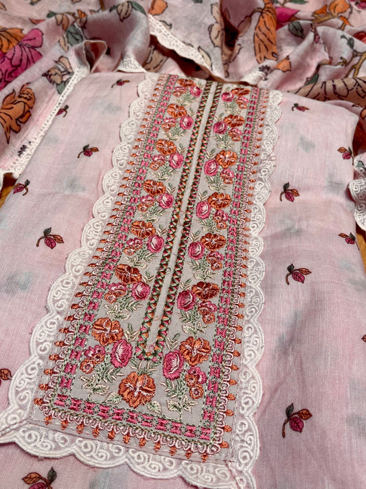 PINK COLOUR MUSLIN UNSTITCHED SUIT WITH LINEN PRINTED DUPATTA EMBELLISHED WITH RESHAM EMBROIDERY