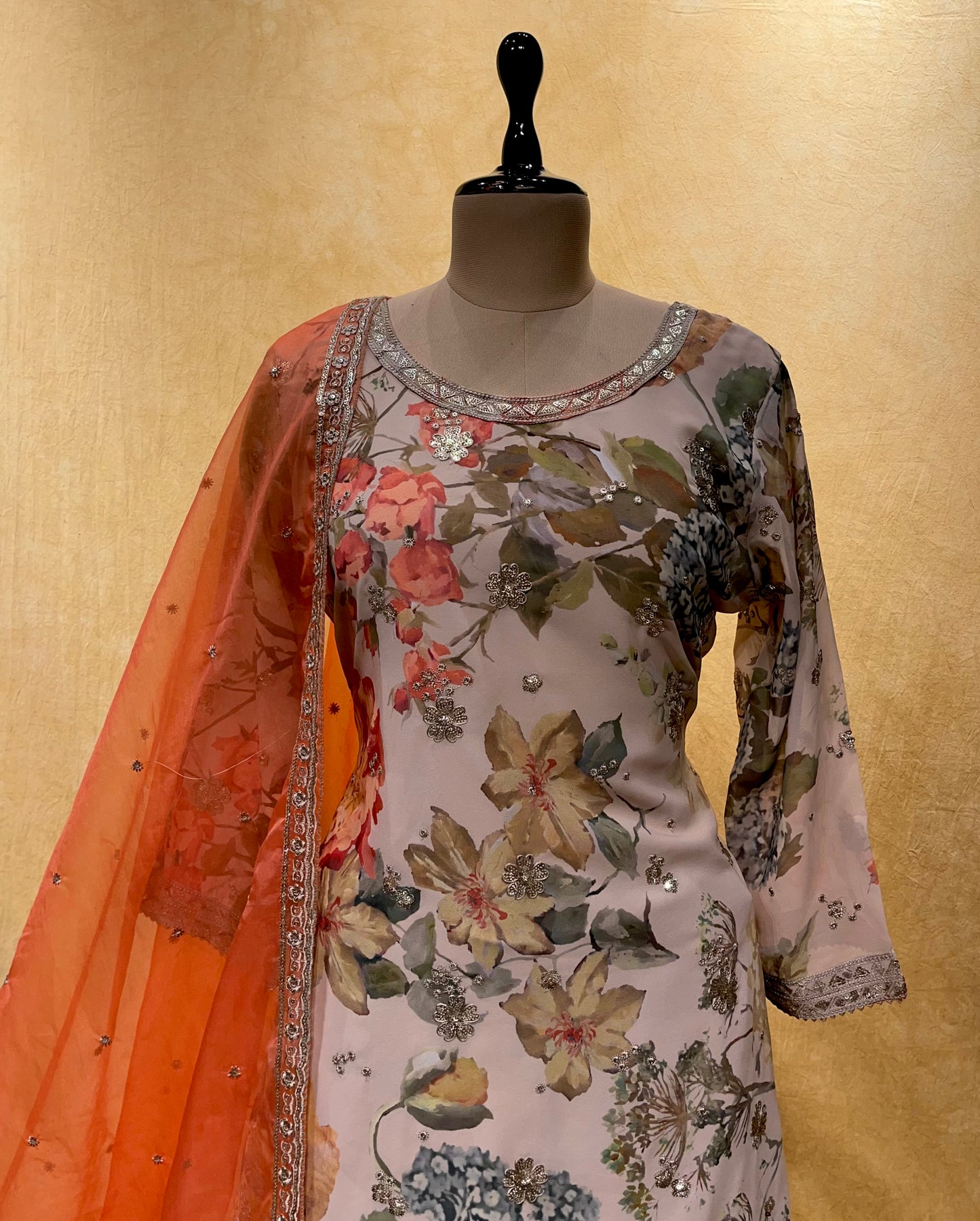OFF WHITE COLOR PRINTED GEORGETTE SHARARA SUIT WITH ORGANZA DUPATTA EMBELLISHED WITH SEQUINS & RESHAM WORK
