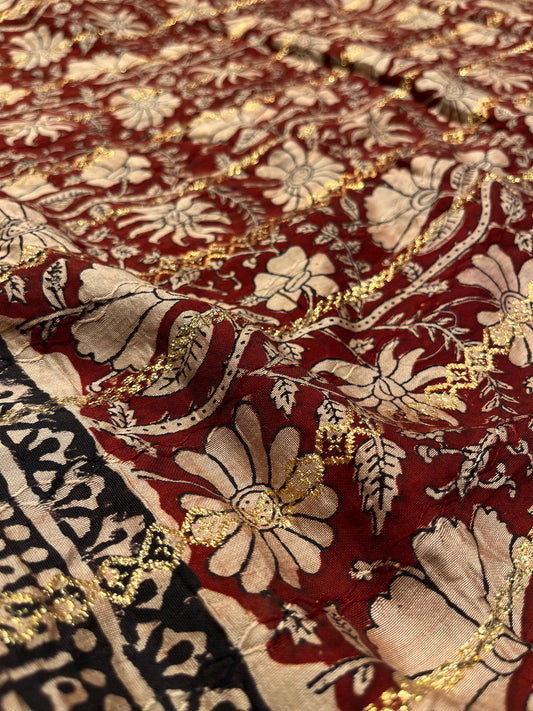 MAROON COLOUR MUNGA COTTON AJRAKH PRINTED SAREE WITH CONTRAST PRINTED BLOUSE - Kothari Sons