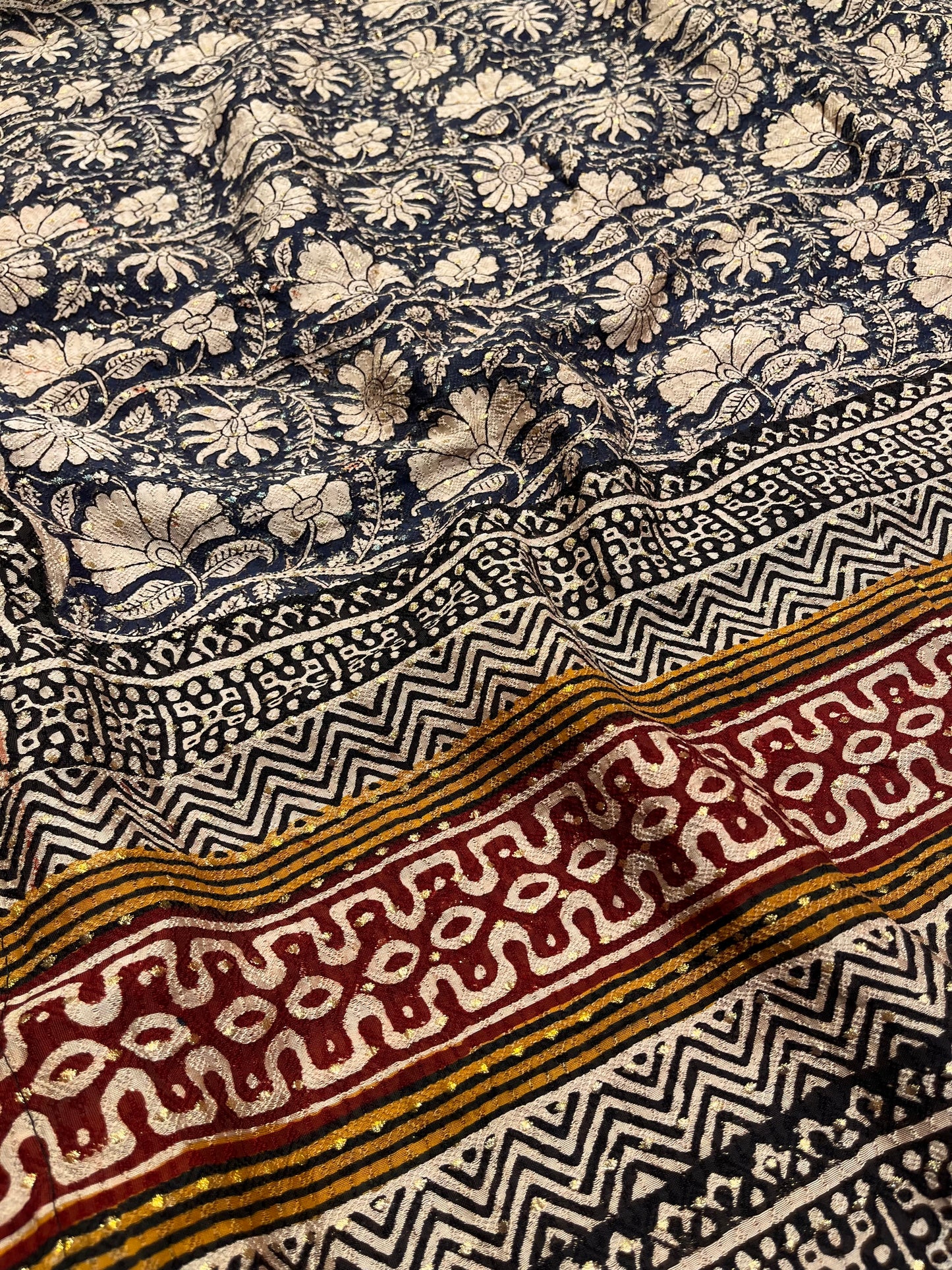 BLUE COLOUR MUNGA COTTON AJRAKH PRINTED SAREE WITH CONTRAST PRINT BLOUSE - Kothari Sons
