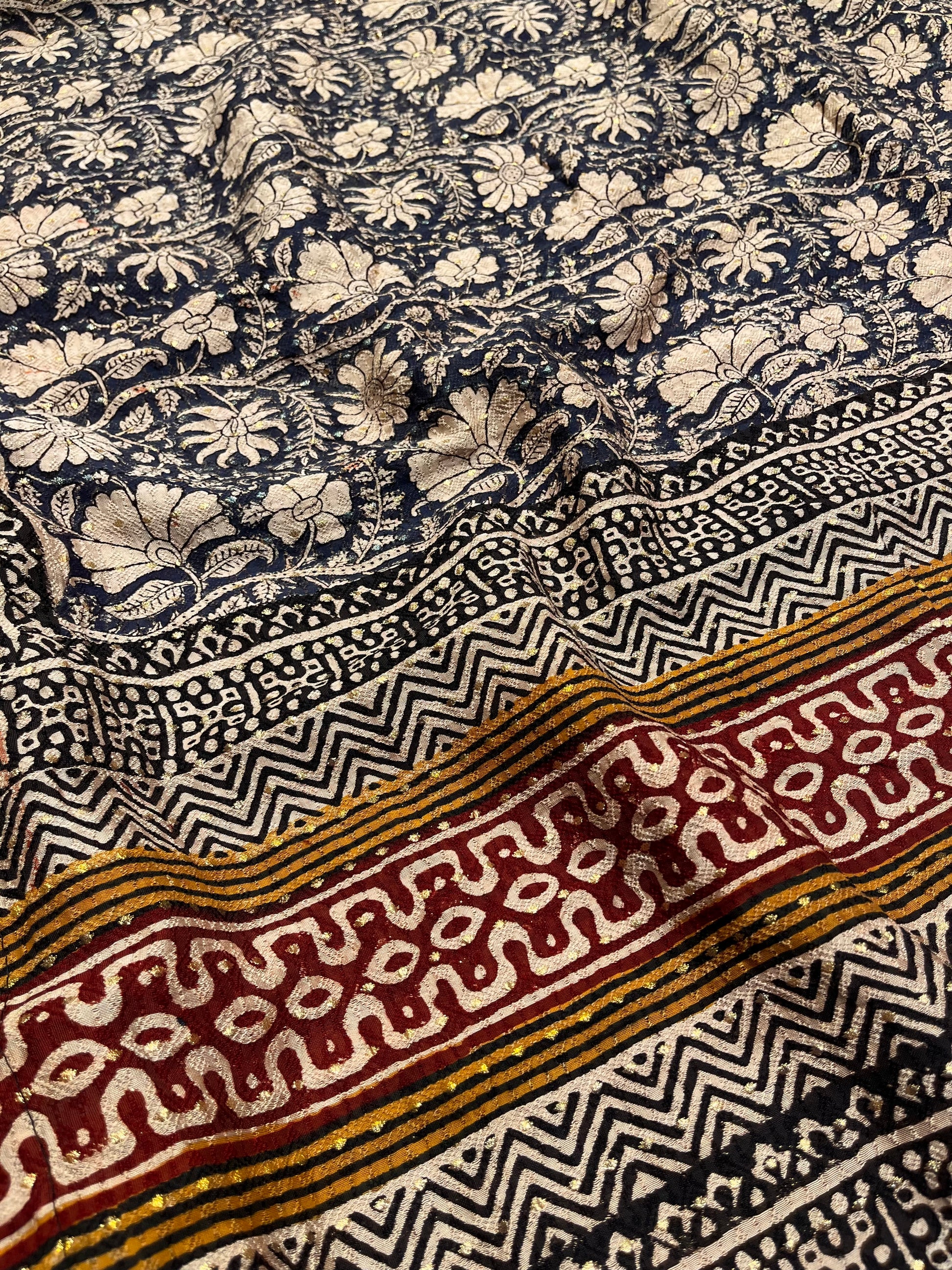 BLUE COLOUR MUNGA COTTON AJRAKH PRINTED SAREE WITH CONTRAST PRINT BLOUSE - Kothari Sons