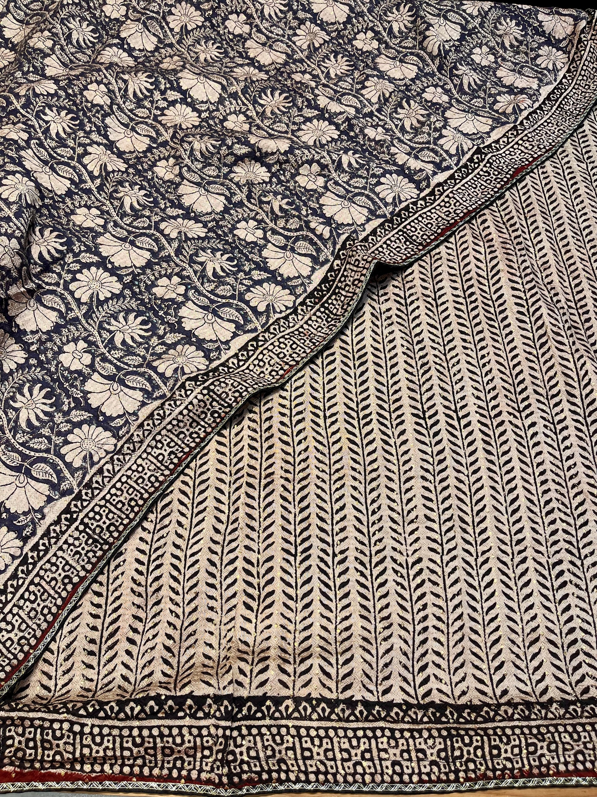 BLUE COLOUR MUNGA COTTON AJRAKH PRINTED SAREE WITH CONTRAST PRINT BLOUSE - Kothari Sons