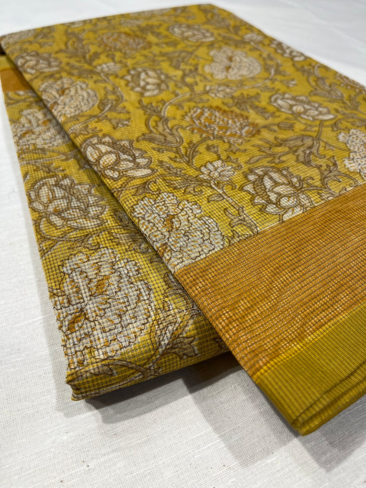 MUSTARD COLOUR SUPER NET PRINTED SAREE