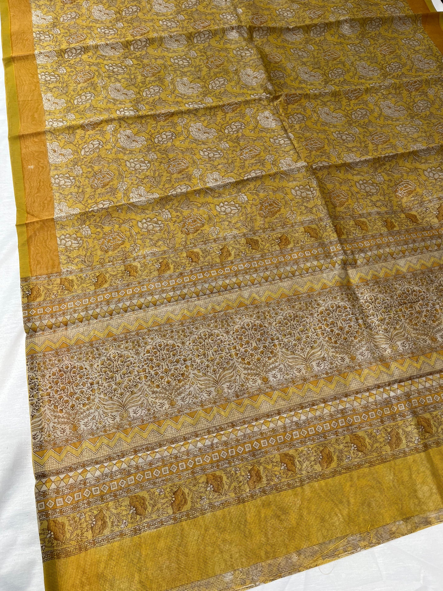 MUSTARD COLOUR SUPER NET PRINTED SAREE