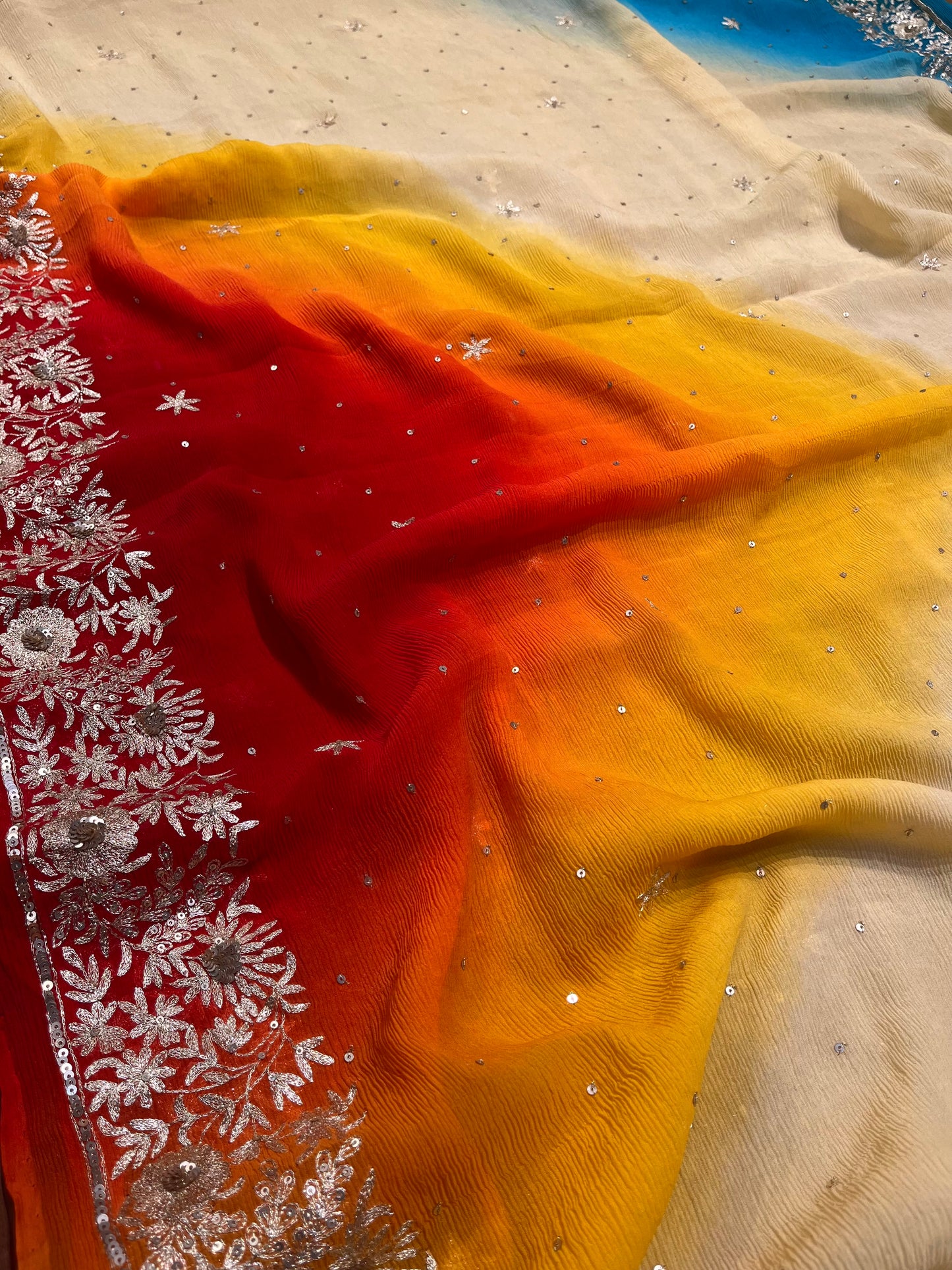 SHADED PURE PLATINUM CHIFFON HAND EMBROIDERED SAREE EMBELLISHED WITH AARI & SEQUINS WORK ( DEILEVERY - Kothari Sons