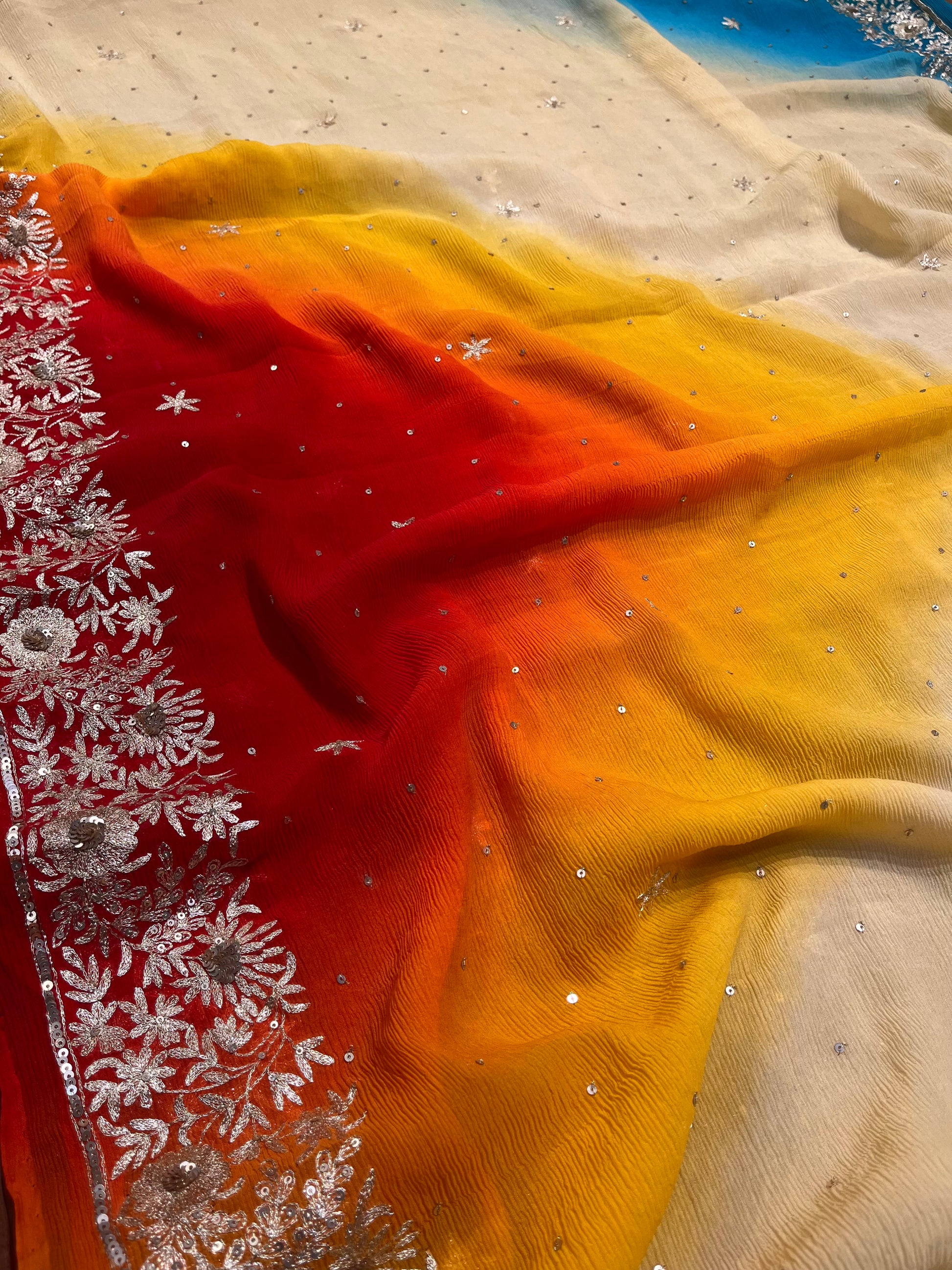 SHADED PURE PLATINUM CHIFFON HAND EMBROIDERED SAREE EMBELLISHED WITH AARI & SEQUINS WORK ( DEILEVERY - Kothari Sons