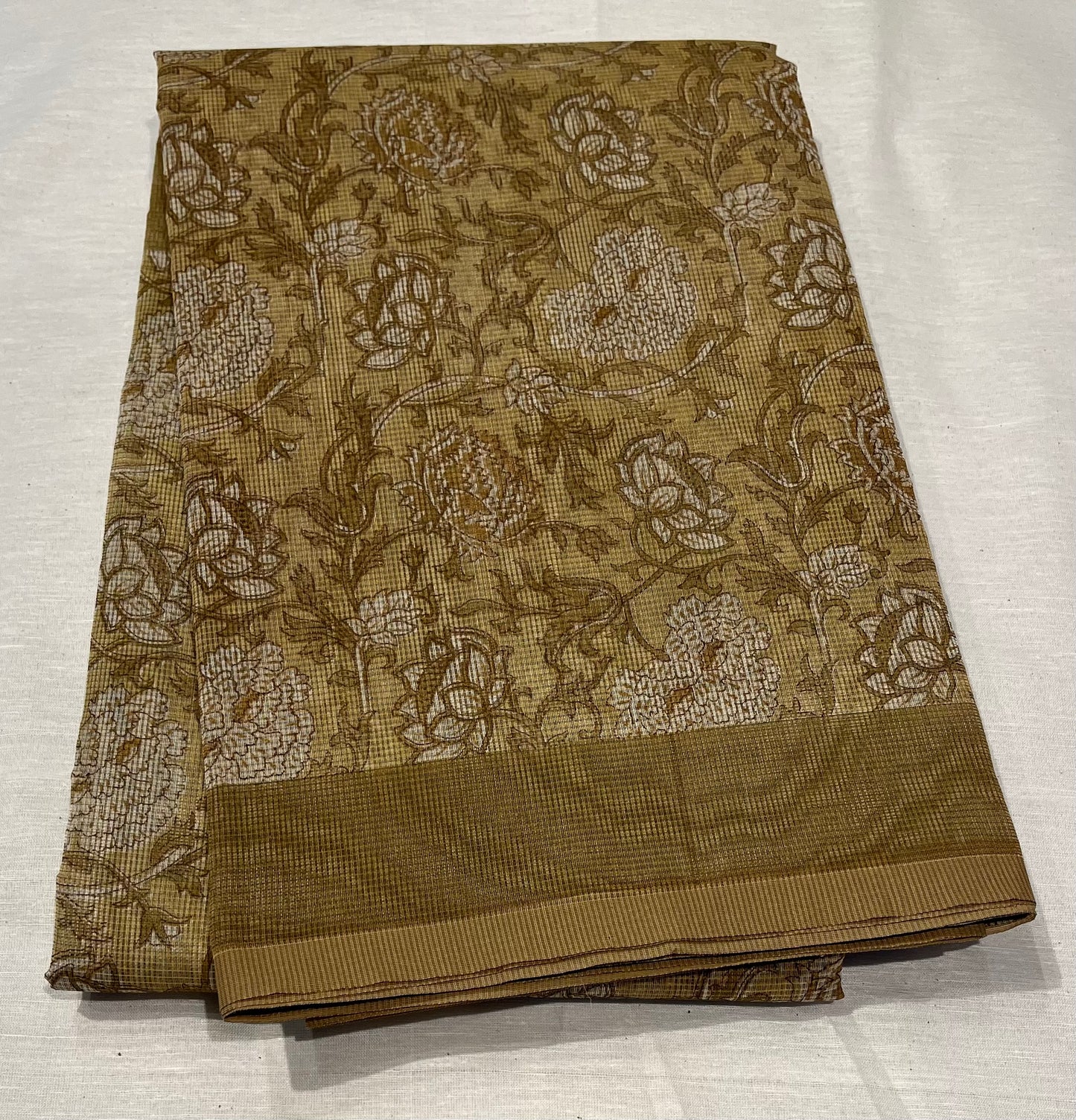 KHAKI COLOUR SUPER NET PRINTED SAREE