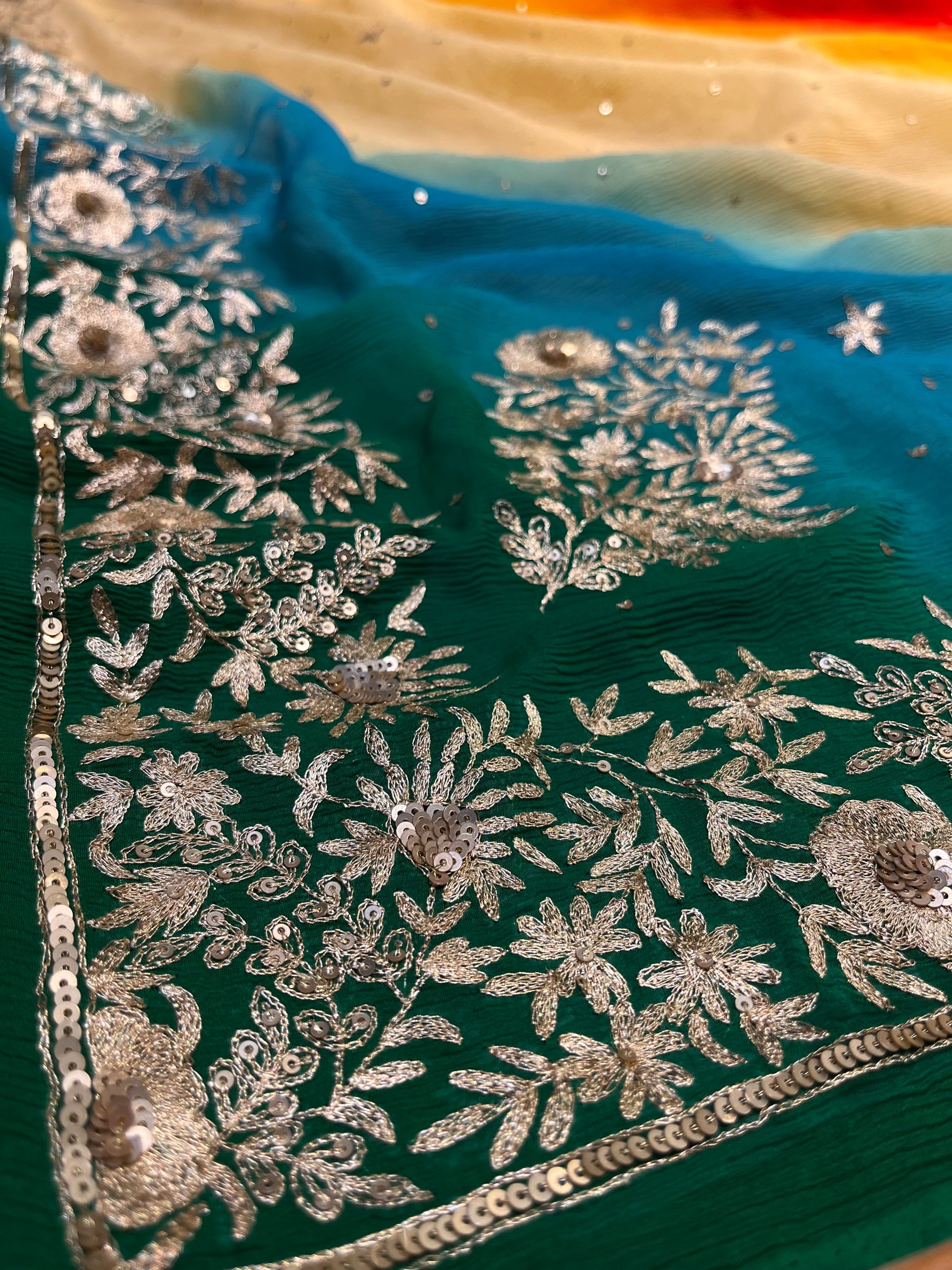 SHADED PURE PLATINUM CHIFFON HAND EMBROIDERED SAREE EMBELLISHED WITH AARI & SEQUINS WORK ( DEILEVERY - Kothari Sons