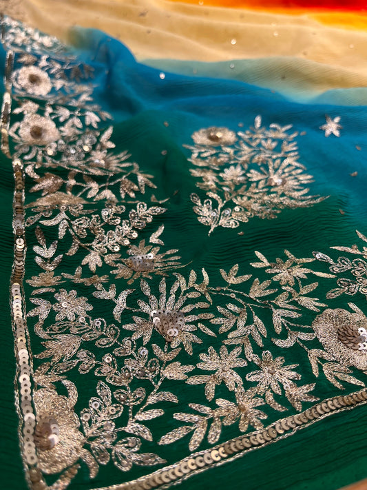 SHADED PURE PLATINUM CHIFFON HAND EMBROIDERED SAREE EMBELLISHED WITH AARI & SEQUINS WORK ( DEILEVERY - Kothari Sons