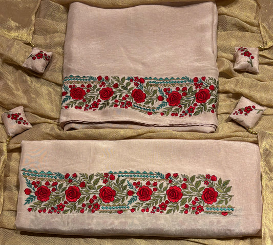 POWDER PINK UNSTITCHED SUIT WITH RESHAM EMBROIDERY AND TISSUE DUPATTA
