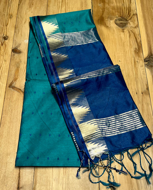 TURQUOISE COLOUR SEMI TUSSAR SILK SAREE WITH ZARI BORDER