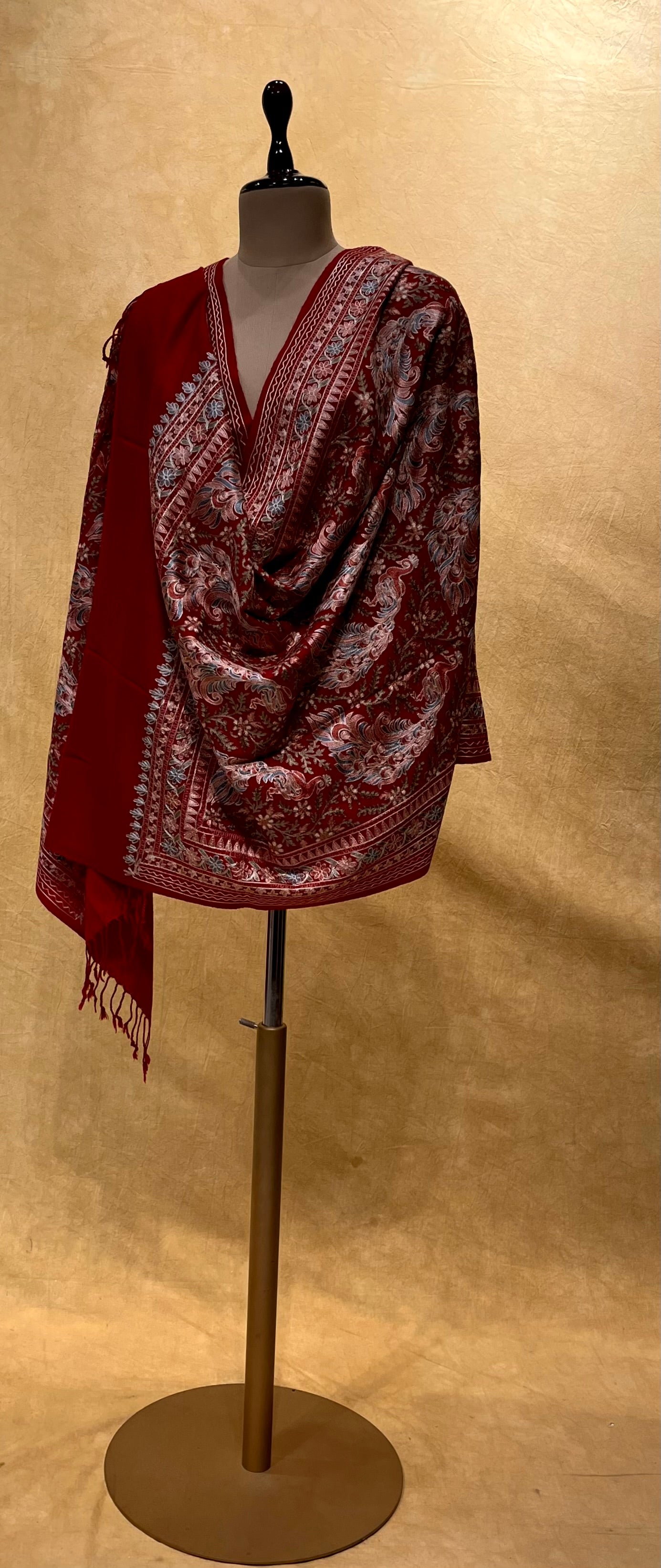 RED COLOUR WOOLEN HAND EMBROIDERED SHAWL