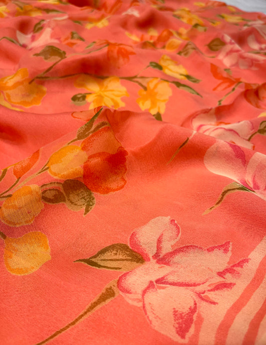 ( DELIVERY IN 20-25 DAYS) PEACH COLOUR FLORAL PRINTED CHIFFON SAREE WITH PLAIN CREPE BLOUSE