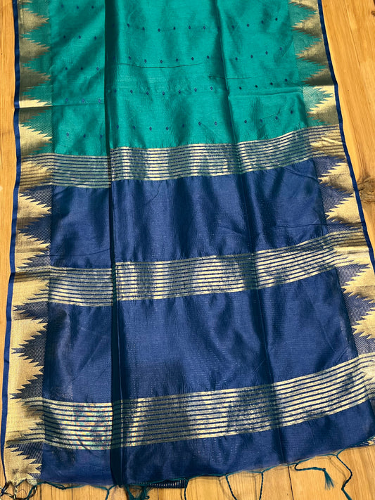 TURQUOISE COLOUR SEMI TUSSAR SILK SAREE WITH ZARI BORDER