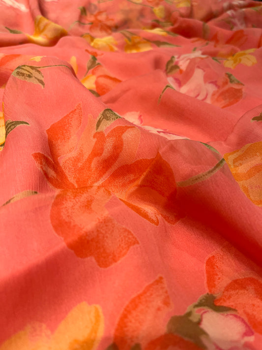 ( DELIVERY IN 20-25 DAYS) PEACH COLOUR FLORAL PRINTED CHIFFON SAREE WITH PLAIN CREPE BLOUSE