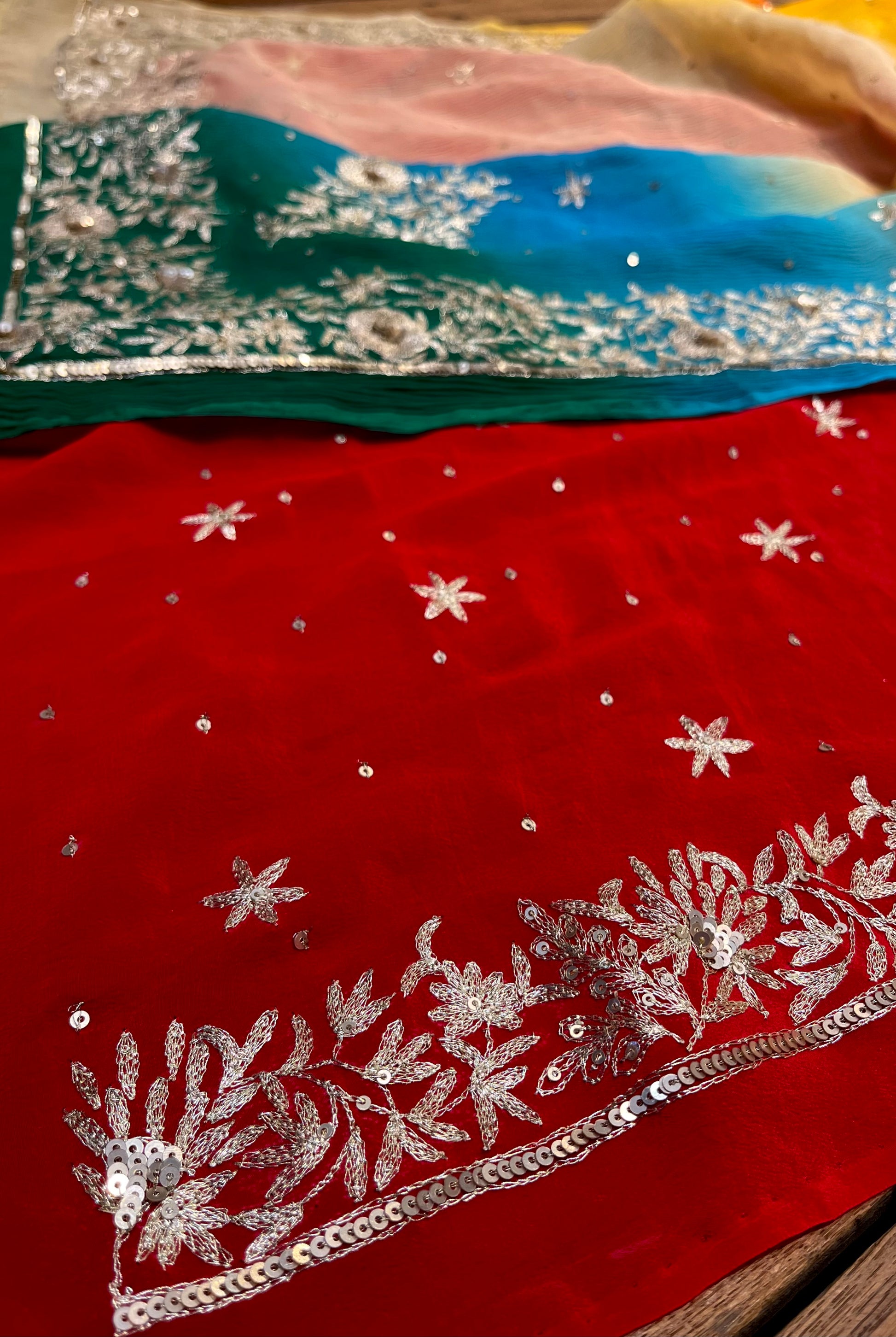 SHADED PURE PLATINUM CHIFFON HAND EMBROIDERED SAREE EMBELLISHED WITH AARI & SEQUINS WORK ( DEILEVERY - Kothari Sons