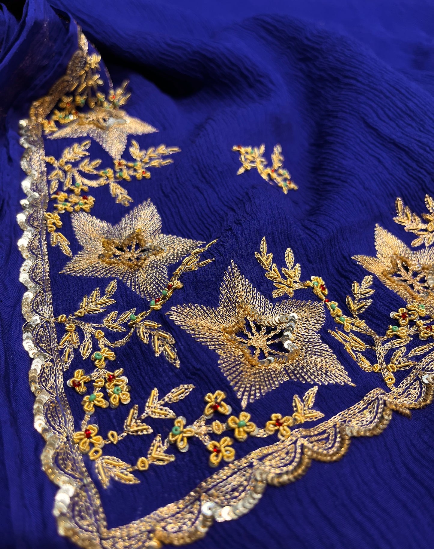 BLUE COLOUR PURE PLATINUM CHIFFON HAND EMBROIDERED SAREE EMBELLISHED WITH AARI, SEQUINS & ZARDOZI WORK ( DELIVERY IN 25-30 DAYS ) - Kothari Sons