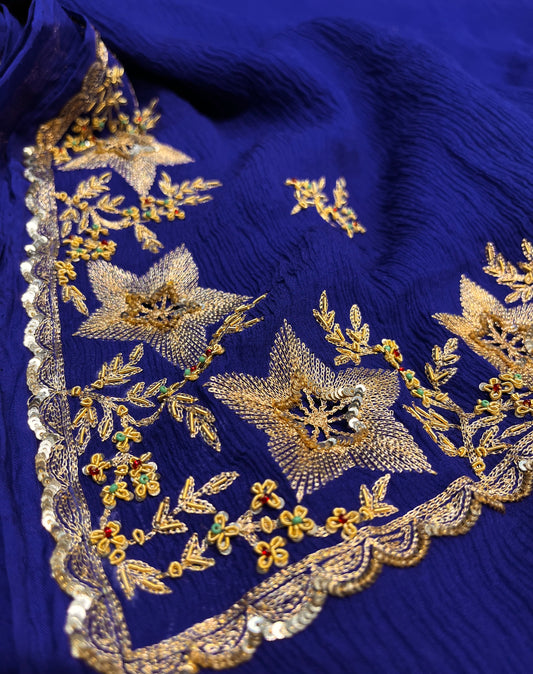 BLUE COLOUR PURE PLATINUM CHIFFON HAND EMBROIDERED SAREE EMBELLISHED WITH AARI, SEQUINS & ZARDOZI WORK ( DELIVERY IN 25-30 DAYS ) - Kothari Sons
