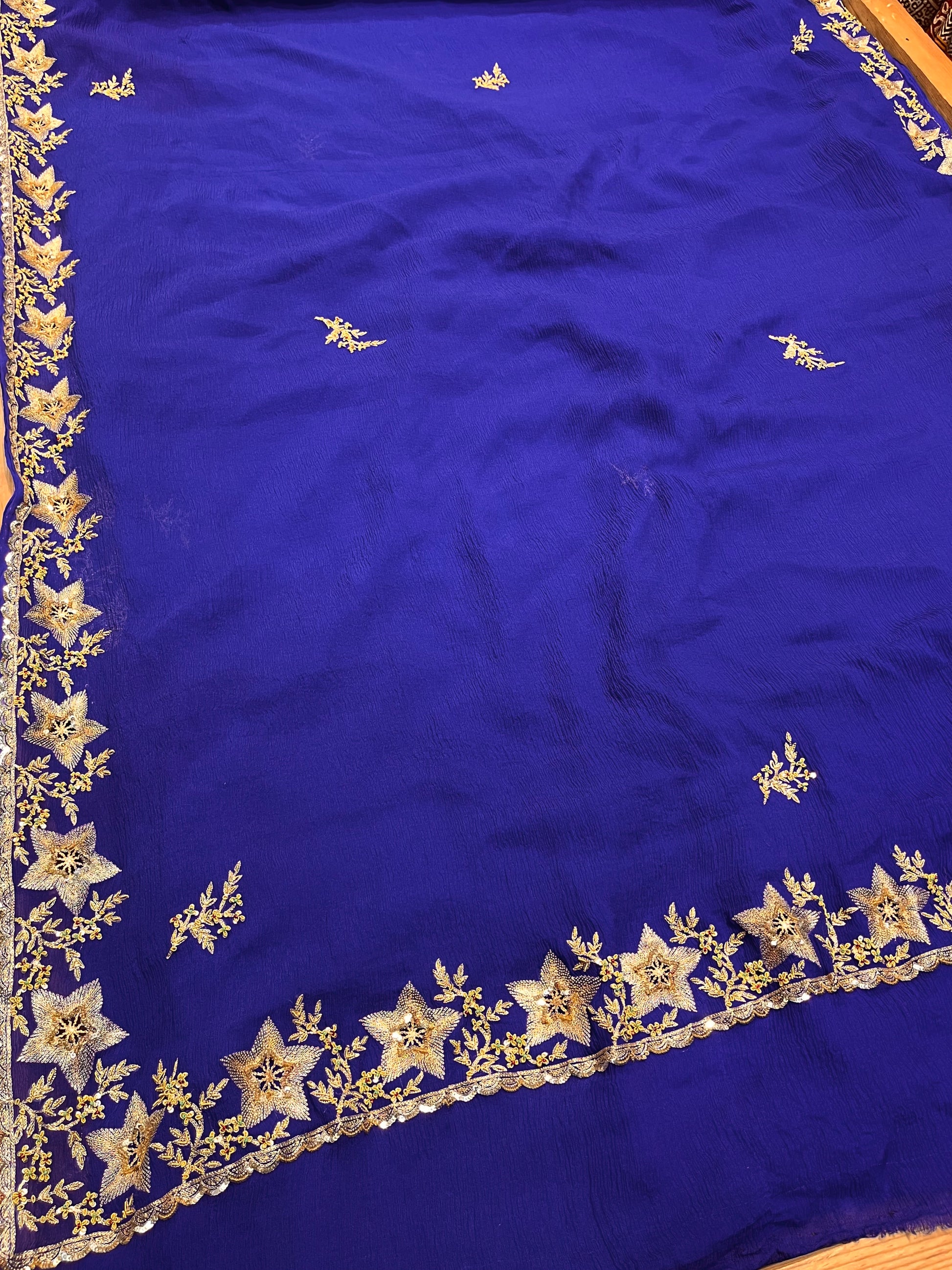 BLUE COLOUR PURE PLATINUM CHIFFON HAND EMBROIDERED SAREE EMBELLISHED WITH AARI, SEQUINS & ZARDOZI WORK ( DELIVERY IN 25-30 DAYS ) - Kothari Sons
