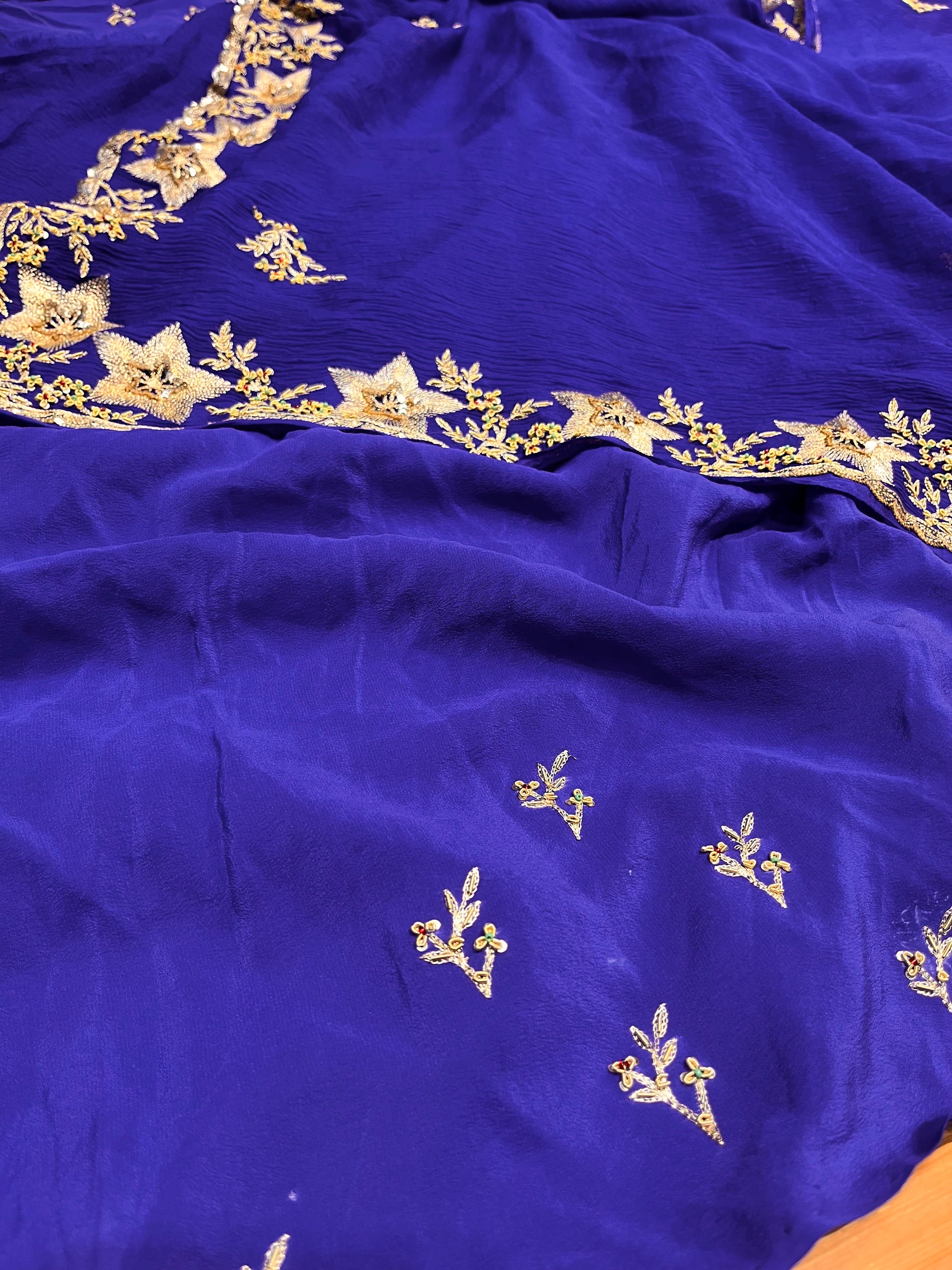BLUE COLOUR PURE PLATINUM CHIFFON HAND EMBROIDERED SAREE EMBELLISHED WITH AARI, SEQUINS & ZARDOZI WORK ( DELIVERY IN 25-30 DAYS ) - Kothari Sons