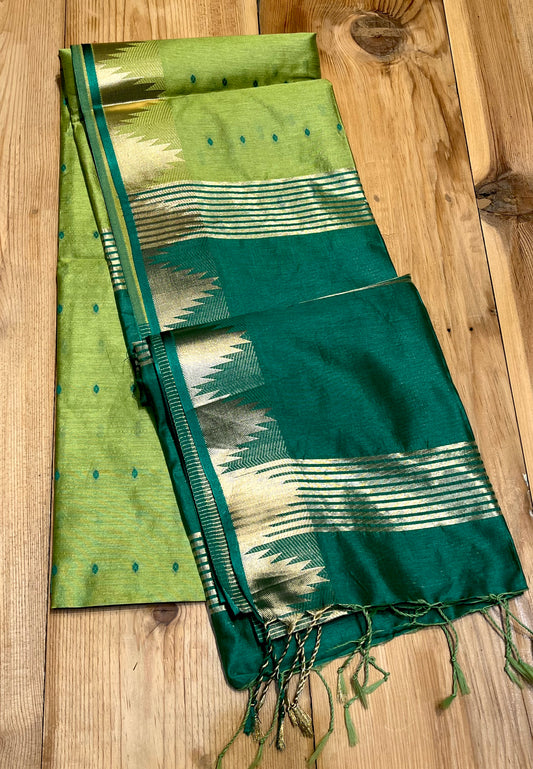 GREEN COLOUR SEMI TUSSAR SILK SAREE WITH ZARI BORDER