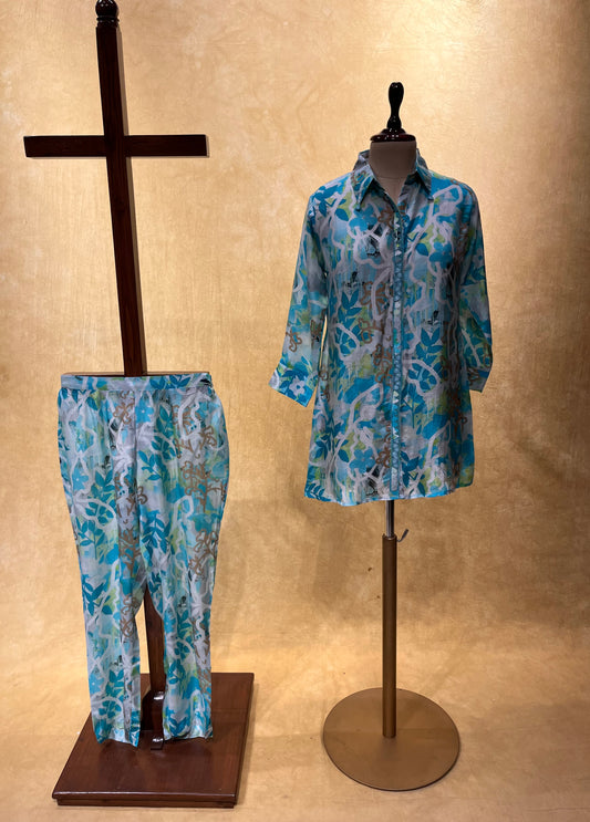 TURQUOISE COLOUR MUSLIN SILK PRINTED CO-ORD SET EMBELLISHED WITH BEADS WORK