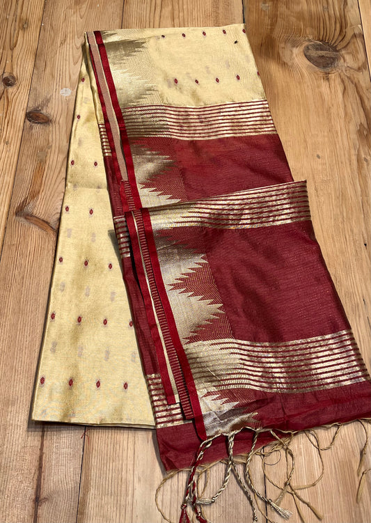 OFF WHITE COLOUR SEMI TUSSAR SILK SAREE WITH ZARI BORDER