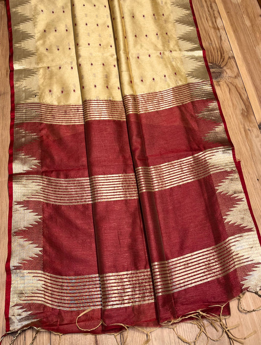 OFF WHITE COLOUR SEMI TUSSAR SILK SAREE WITH ZARI BORDER