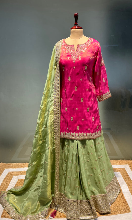 PINK & PISTA GREEN COLOUR CREPE TISSUE GHARARA SUIT EMBELLISHED WITH GOTA PATTI & MIRROR WORK