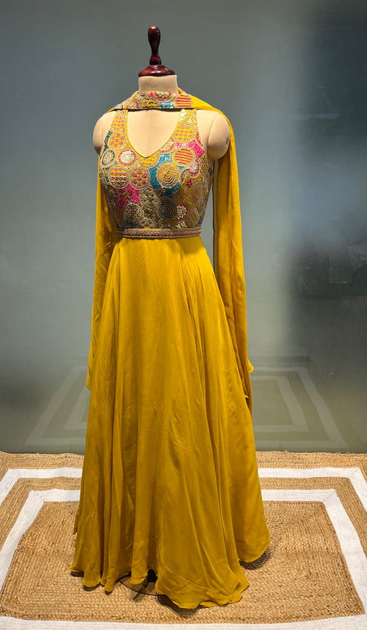 YELLOW COLOUR GEORGETTE INDOWESTERN GOWN EMBELLISHED WITH SEQUINS WORK