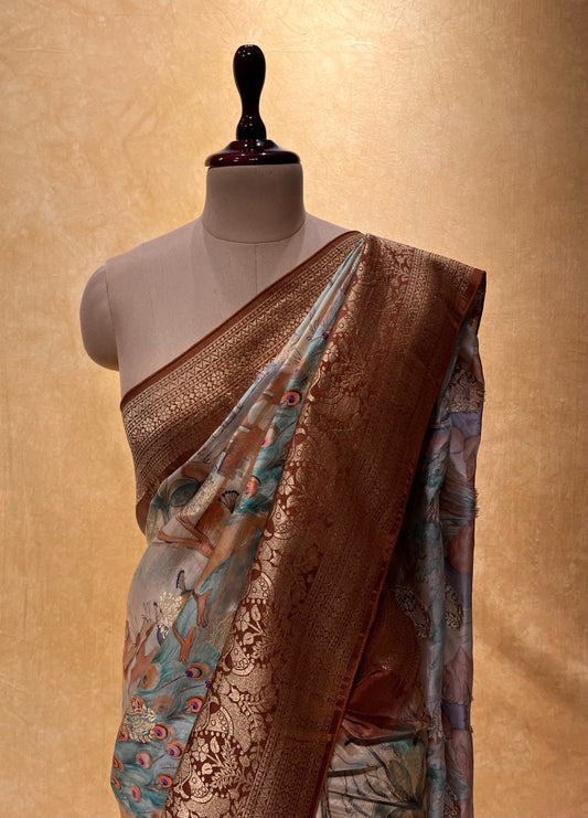 BEIGE COLOUR DOLA SILK PEACOCK PRINT SAREE WITH ZARI BORDER