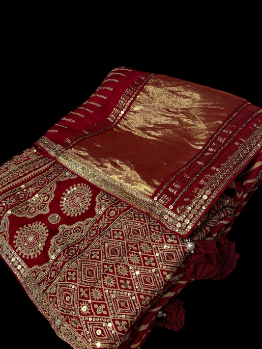 RADIANT RED MODAL SILK SAREE WITH GOLDEN SEQUINS AND UNSTITCHED BLOUSE