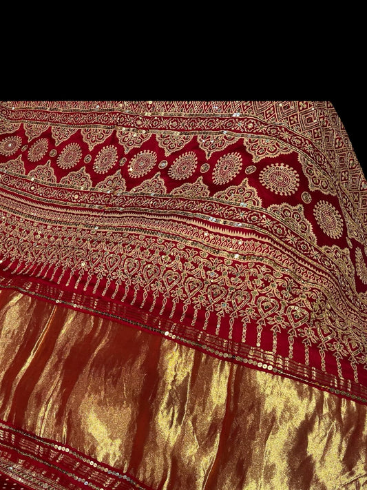 RADIANT RED MODAL SILK SAREE WITH GOLDEN SEQUINS AND UNSTITCHED BLOUSE