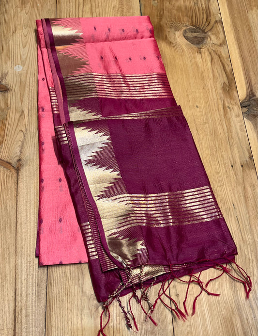 PINK COLOUR SEMI TUSSAR SILK SAREE WITH ZARI BORDER