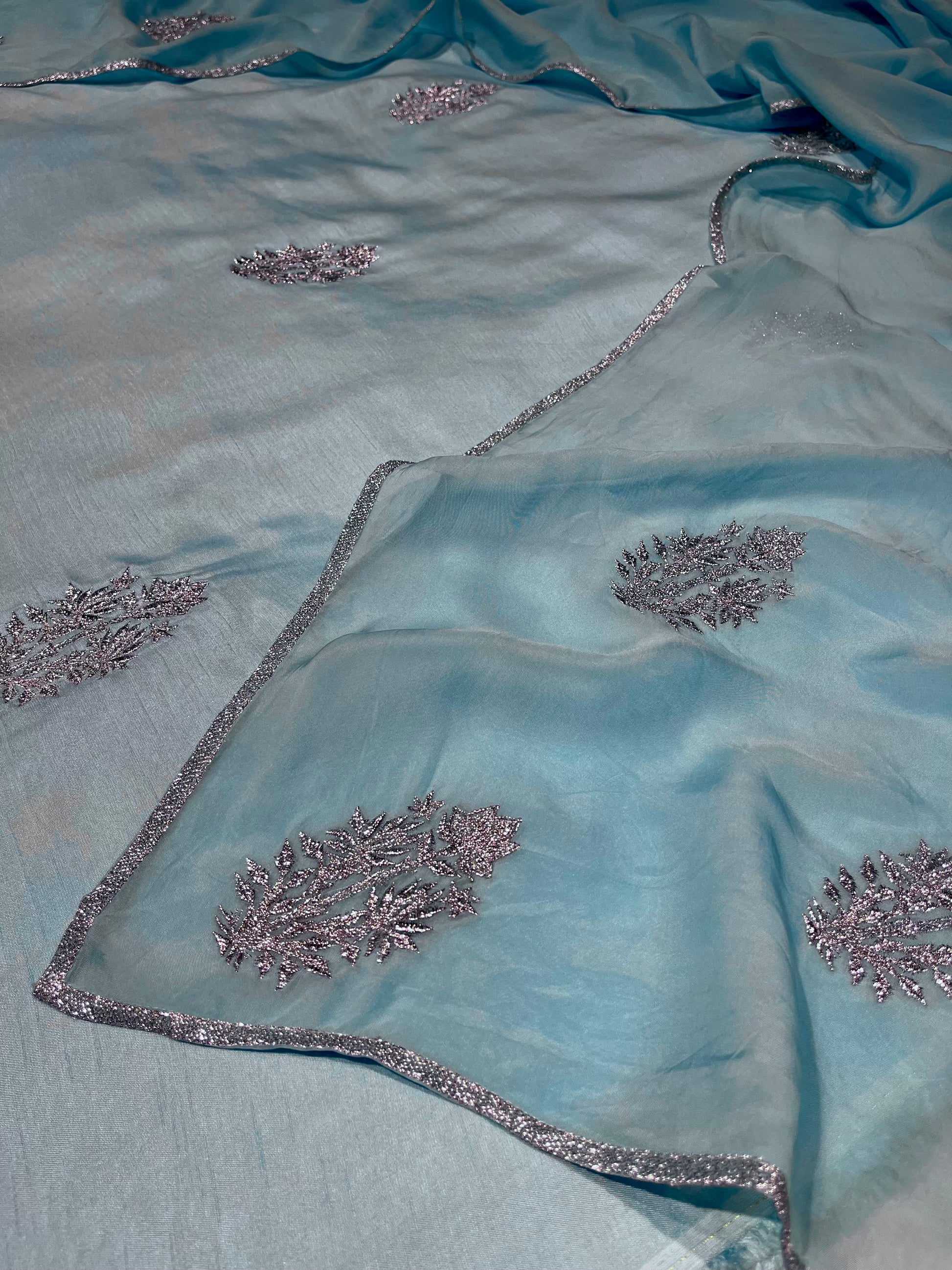 AQUA COLOUR PLANT BASED SILK UNSTITCHED SUIT WITH ORGANZA DUPATTA EMBELLISHED WITH SILVER ZARI EMBROIDERY BY SIDDHAIKA - Kothari Sons