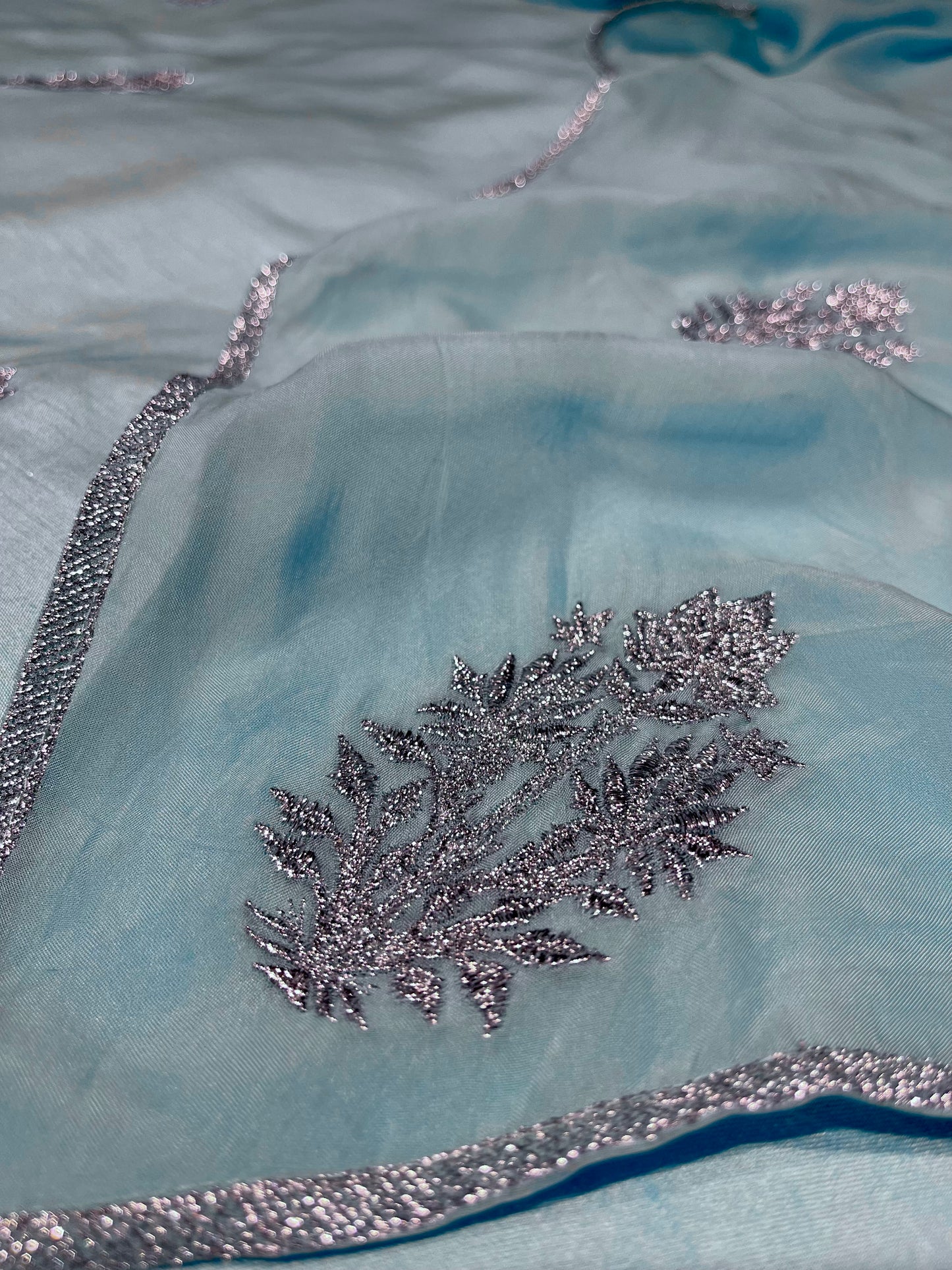 AQUA COLOUR PLANT BASED SILK UNSTITCHED SUIT WITH ORGANZA DUPATTA EMBELLISHED WITH SILVER ZARI EMBROIDERY BY SIDDHAIKA - Kothari Sons