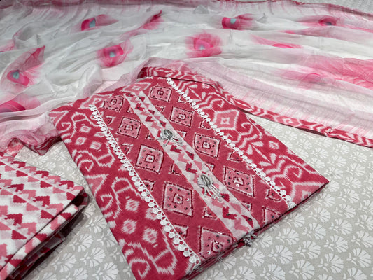 PINK COLOUR COTTON UNSTITCHED SUIT WITH CHIFFON DUPATTA