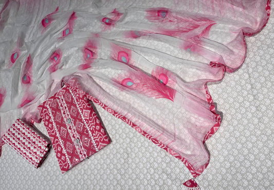 PINK COLOUR COTTON UNSTITCHED SUIT WITH CHIFFON DUPATTA