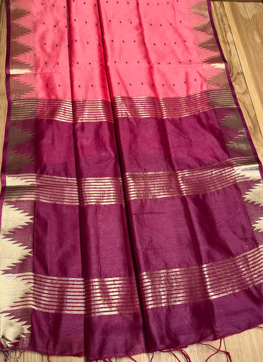 PINK COLOUR SEMI TUSSAR SILK SAREE WITH ZARI BORDER