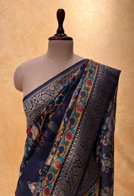 (DELIVERY IN 25 DAYS) BLUE COLOUR DOLA SILK SAREE WITH ZARI BORDER