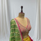 MUSTARD YELLOW SILK LEHENGA WITH SEQUINS  & BEADED V-NECK CROP TOP WITH GREEN DUPATTA