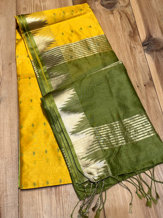 YELLOW COLOUR SEMI TUSSAR SILK SAREE WITH ZARI BORDER