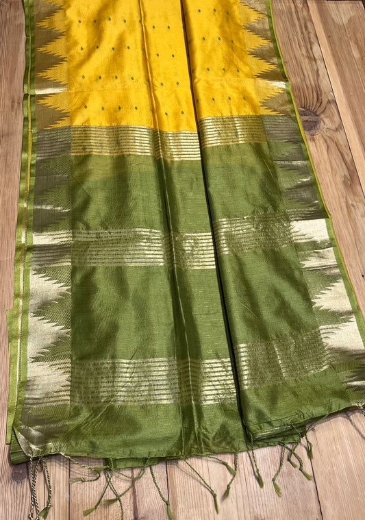 YELLOW COLOUR SEMI TUSSAR SILK SAREE WITH ZARI BORDER