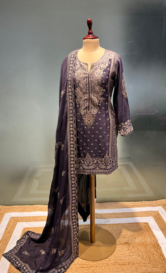 PURPLE MAUVE COLOUR CHINON READYMADE SUIT EMBELLISHED WITH RESHAM & SEQUINS WORK